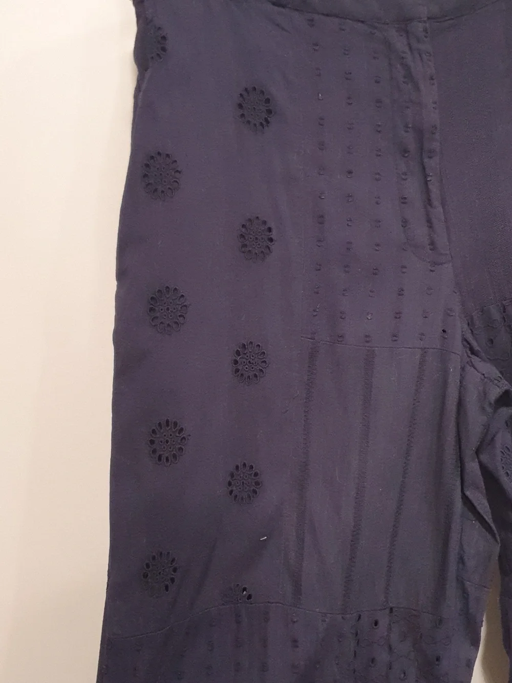 Zara Eyelet Lace Patchwork Navy Blue Embroidered Wide-Leg Pants Size Medium - Picture 5 of 11